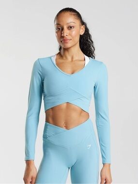 Gymshark Sky Blue Long Sleeve Wrap-Front Crop Top